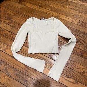 Zara Cream Ribbed Long-Sleeve Square Neck Crop Top